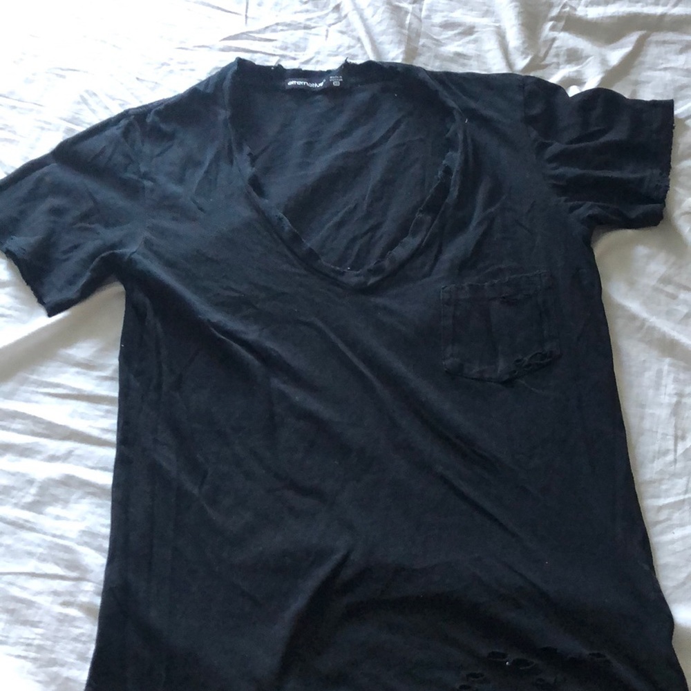 Black V-neck t shirt with destroyed detailing